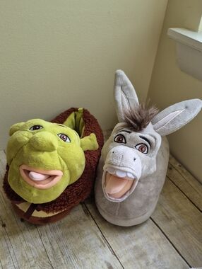 Shrek & Donkey Plush Slipper Pair - Green and Gray, Unisex